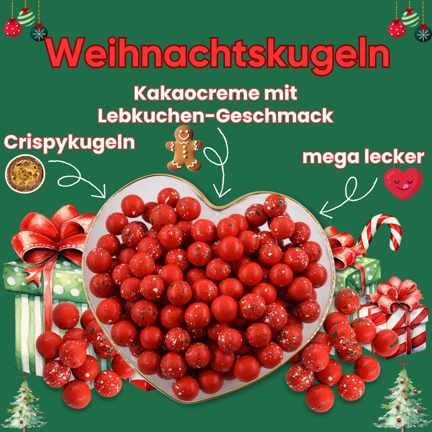 0,1kg Süßigkeiten Weihnachten Crispy Schokokugeln rot-grün-weiss