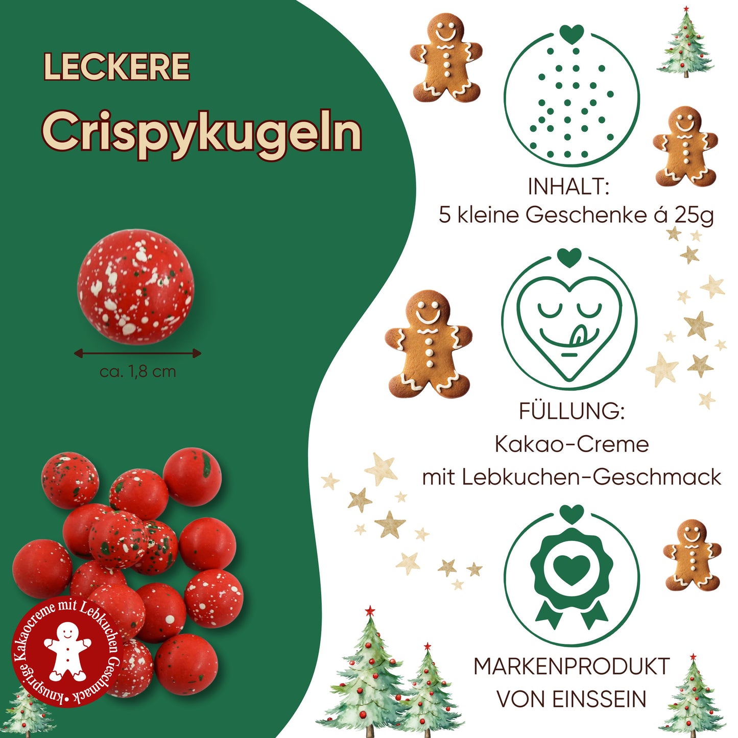 5 Stück fertige Gastgeschenke Weihnachten Crispykugeln Weihnachtskugeln rot-grün-weiss
