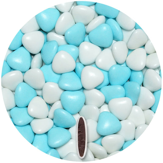 1kg Schokoherzen Dragees Mix medium weiss-hellblau glanz