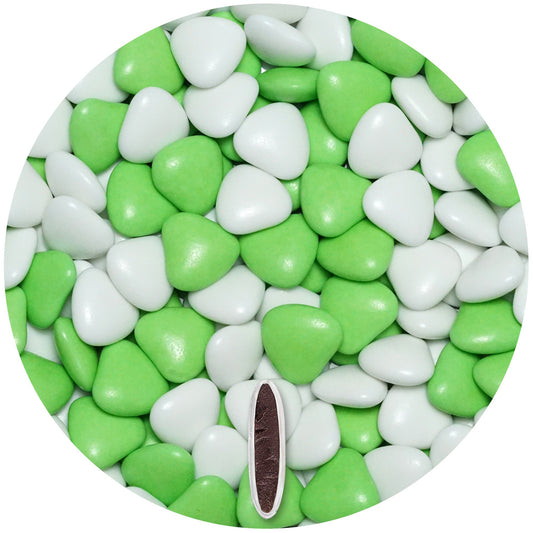 1kg Schokoherzen Dragees Mix medium weiss-hellgrün glanz