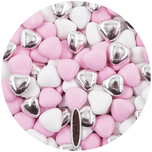 1kg Schokoherzen Dragees Mix medium weiss-rosa-silber glanz