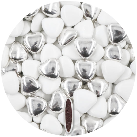 1kg Schokoherzen Dragees Mix medium weiss-silber glanz