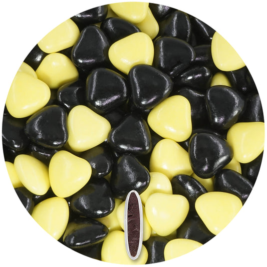 1kg Schokoherzen Dragees Mix medium gelb-schwarz glanz
