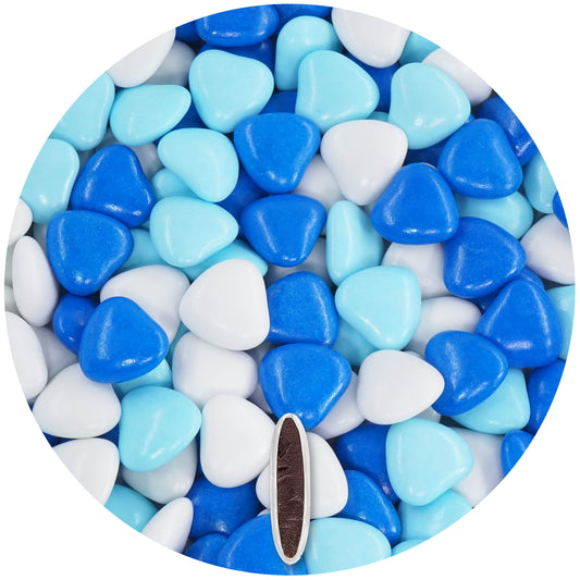 1kg Schokoherzen Dragees Mix medium weiss-hellblau-blau glanz
