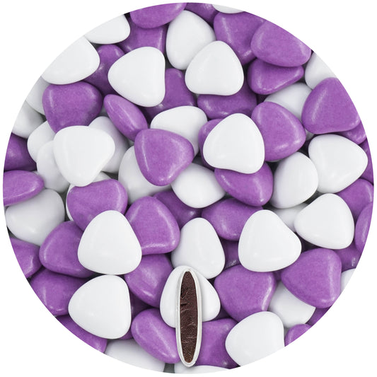 1kg Schokoherzen Dragees Mix medium weiss-lila glanz