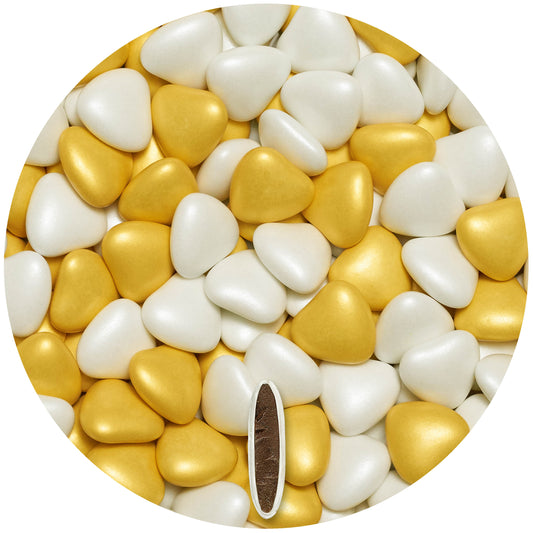 1kg Schokoherzen Dragees Mix medium weiss-gold pearl