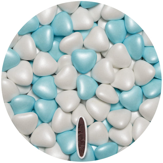 1kg Schokoherzen Dragees Mix medium weiss-hellblau pearl