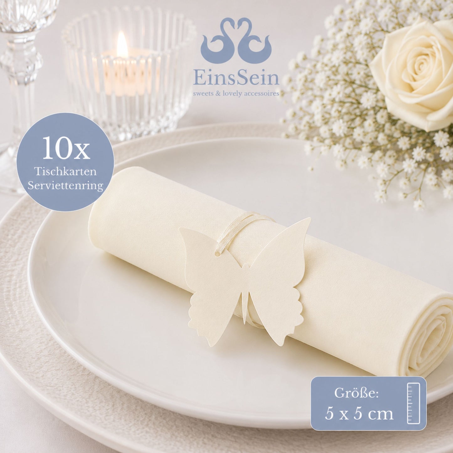 10x Tischkarten Serviettenring creme