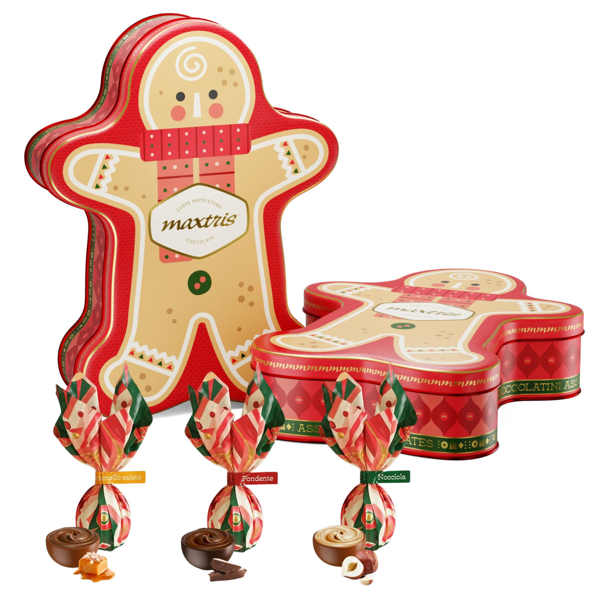 Geschenk Weihnachten Gingerbread – Lebkuchenmann-Dose mit Schokopralinen Karamell, Nougat & Zartbitter, 96 g