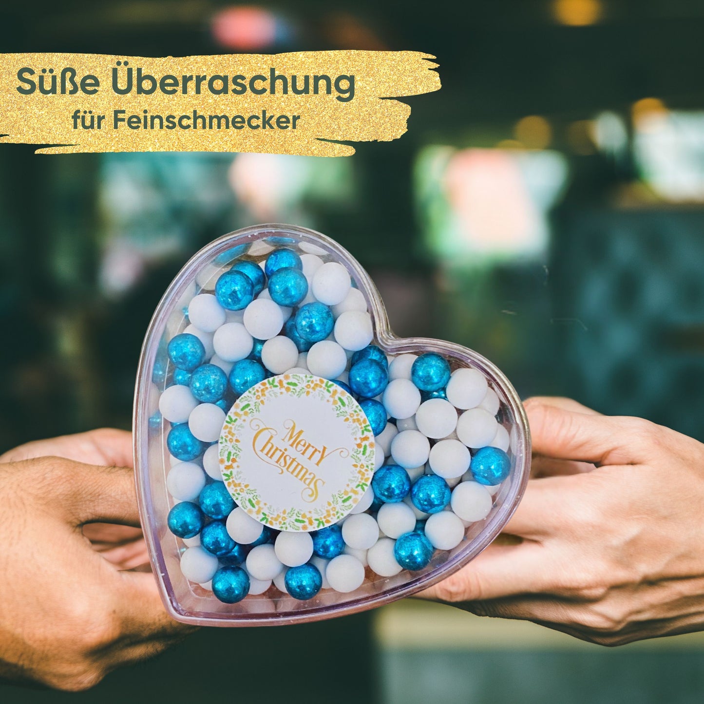 0,14kg Schokolade Weihnachts-Herz Weihnachtsgeschenk "Merry Christmas" weiss-blau