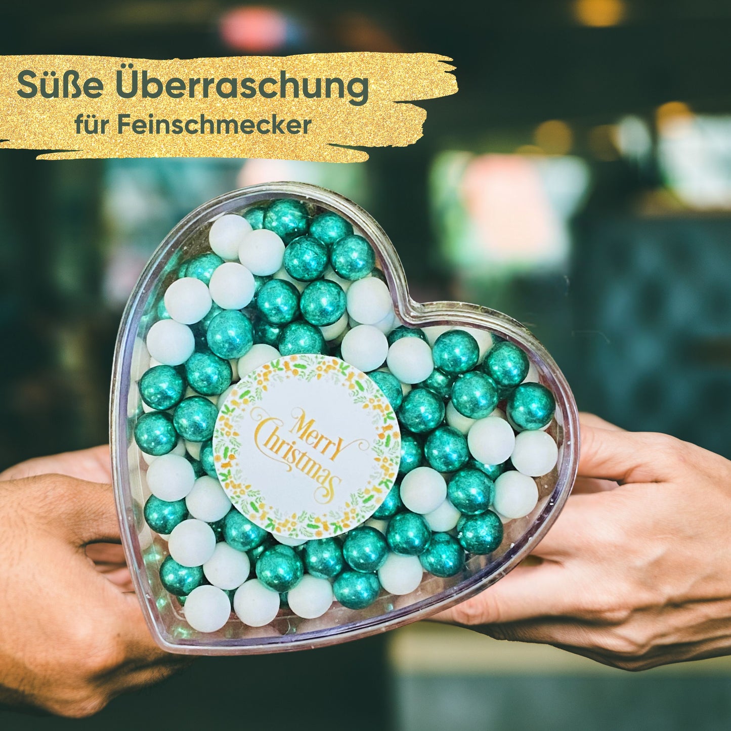 0,14kg Schokolade Weihnachts-Herz Weihnachtsgeschenk "Merry Christmas" weiss-grün