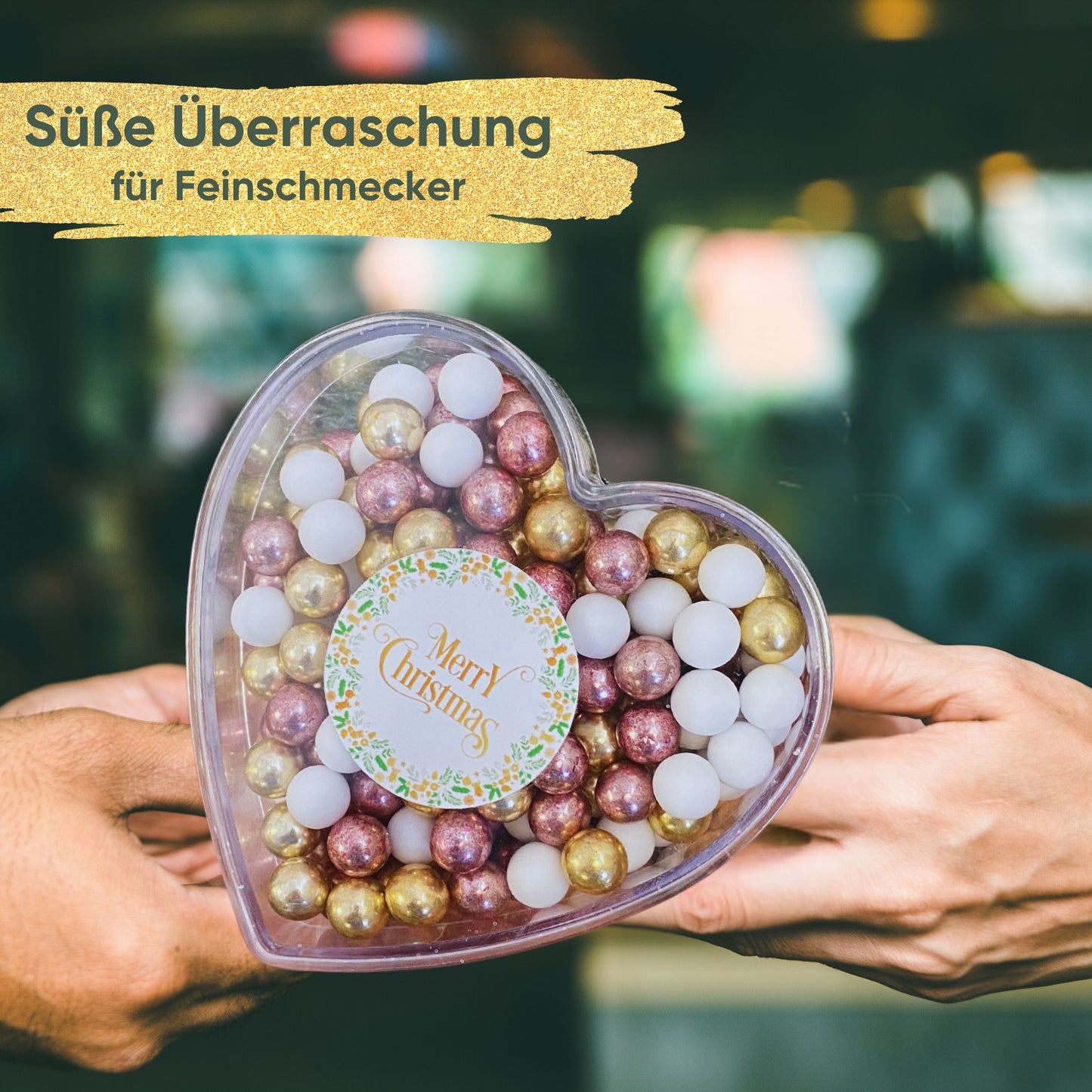 0,14kg Schokolade Weihnachts-Herz Weihnachtsgeschenk "Merry Christmas" weiss-gold-rosa