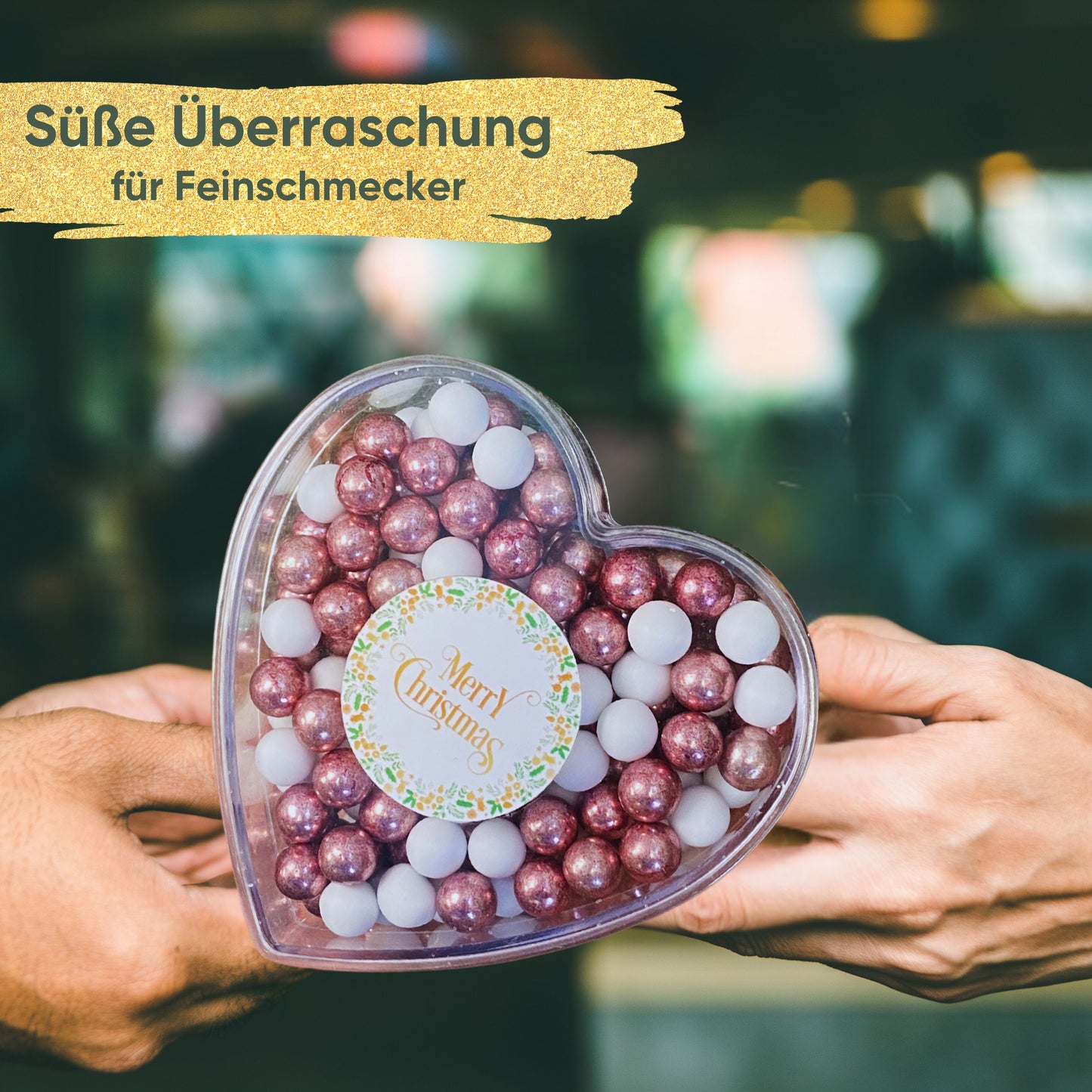 0,14kg Schokolade Weihnachts-Herz Weihnachtsgeschenk "Merry Christmas" weiss-rosa