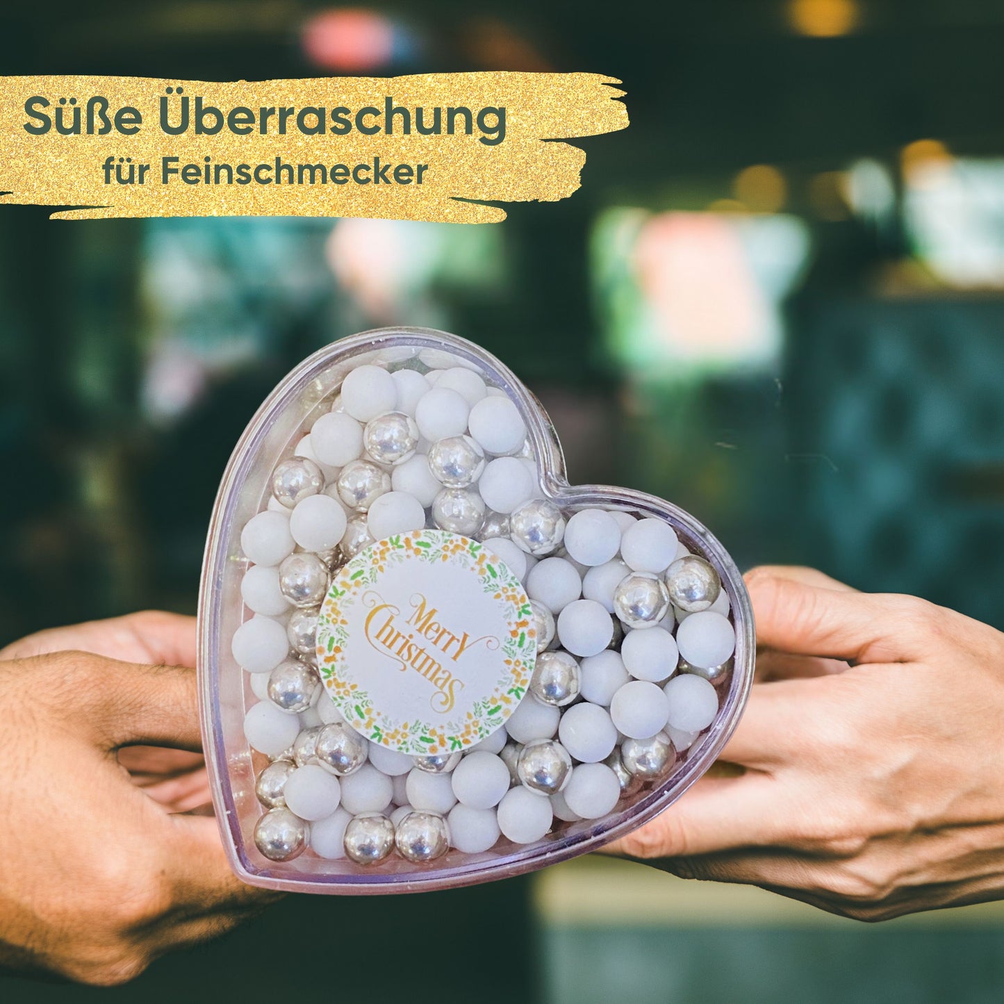 Weihnachtsherz Weihnachtsgeschenk "Merry Christmas" weiss-silber - 140g - Wichtelgeschenk